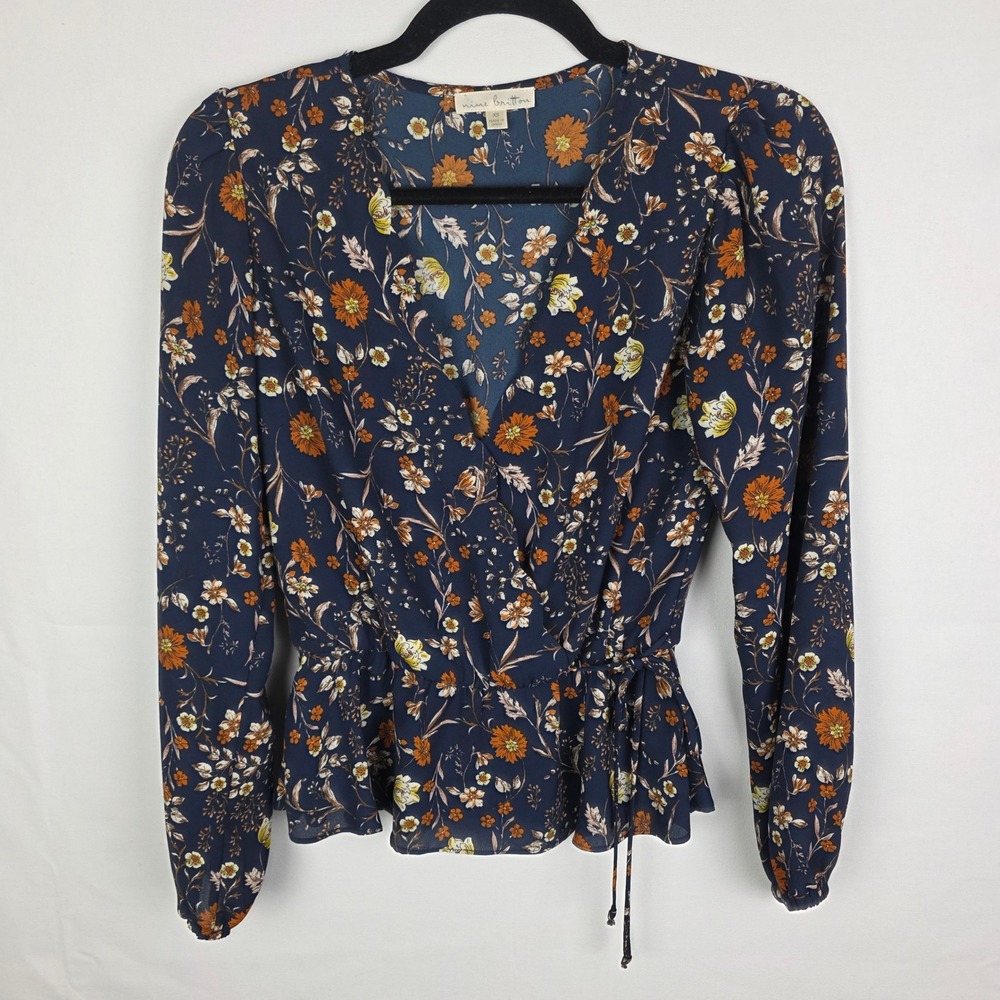 Nine‎ Britton Navy Floral Wrap Peplum Top Long Sleeve XS Cottagecore Prairie